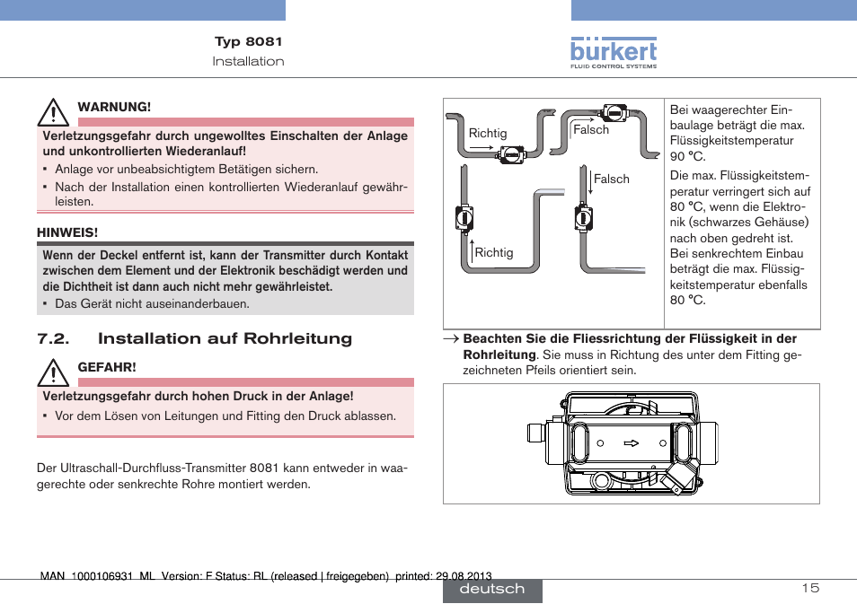 Installation auf rohrleitung | Burkert Type 8081 User Manual | Page 37 / 68