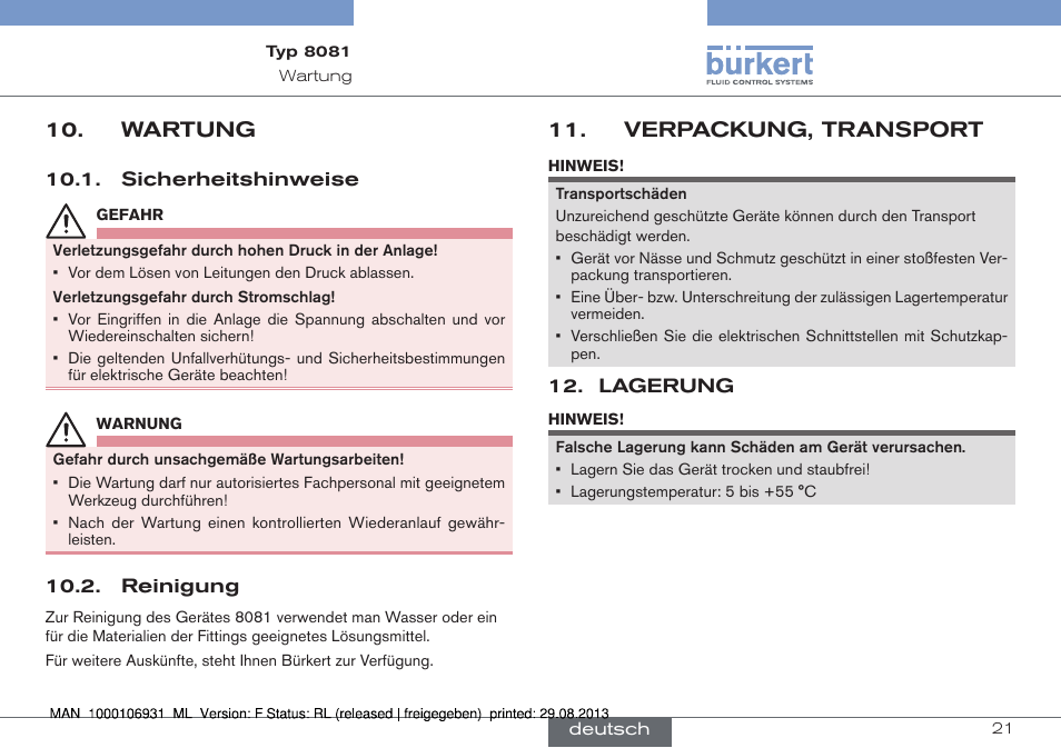 Wartung, Sicherheitshinweise 10.2. reinigung, Verpackung, transport | Lagerung | Burkert Type 8081 User Manual | Page 43 / 68