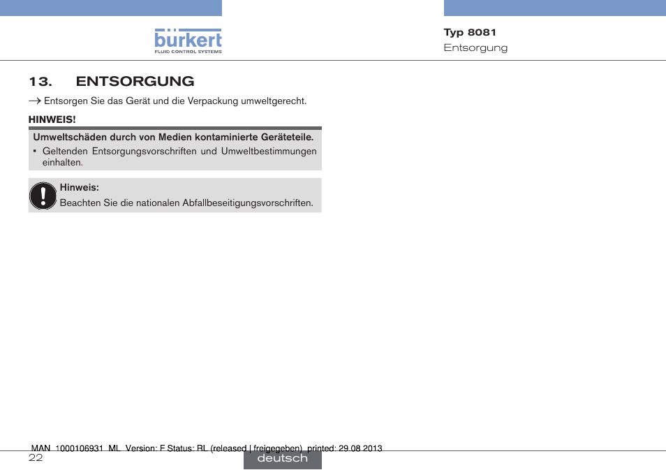 Entsorgung | Burkert Type 8081 User Manual | Page 44 / 68