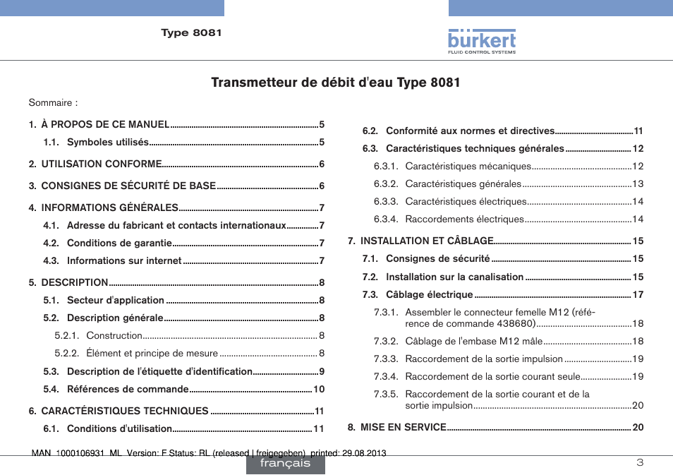 Manuel d'utilisation, Transmetteur de débit d'eau type 8081 | Burkert Type 8081 User Manual | Page 47 / 68