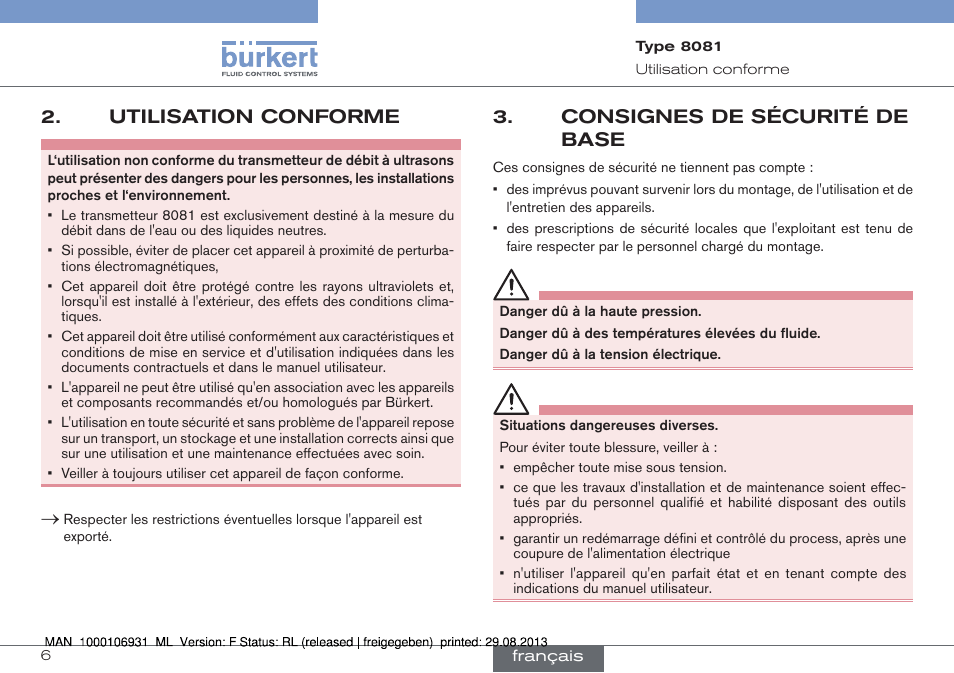 Utilisation conforme, Consignes de sécurité de base | Burkert Type 8081 User Manual | Page 50 / 68