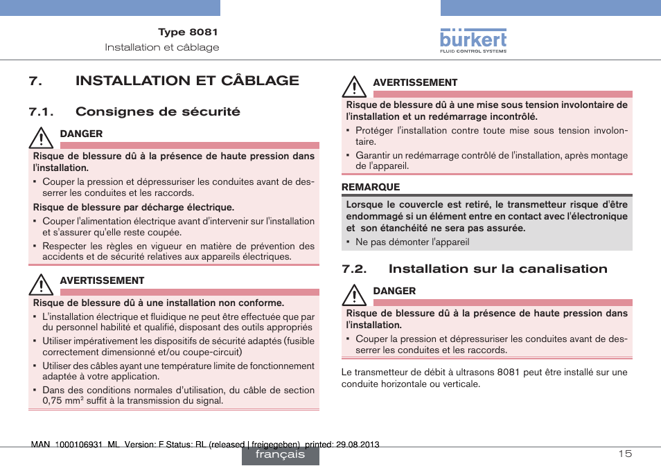 Installation et câblage, Consignes de sécurité, Installation sur la canalisation | Burkert Type 8081 User Manual | Page 59 / 68