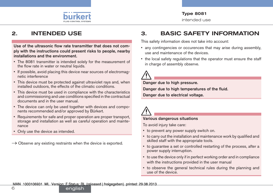 Intended use, Basic safety information | Burkert Type 8081 User Manual | Page 6 / 68