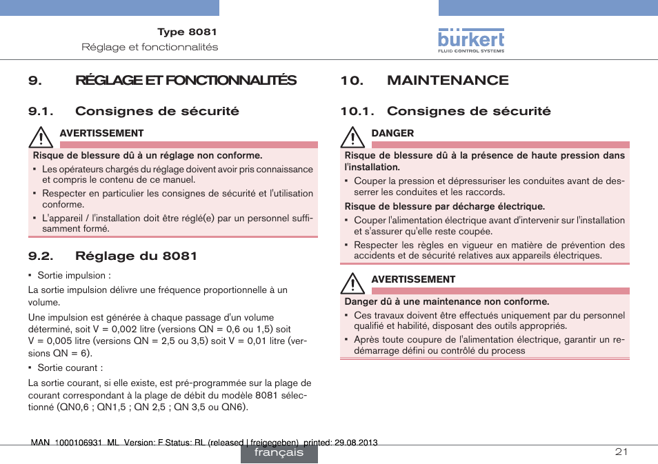 Réglage et fonctionnalités, Consignes de sécurité, Réglage du 8081 | Maintenance | Burkert Type 8081 User Manual | Page 65 / 68
