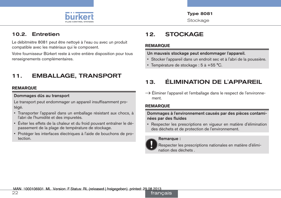 Entretien, Emballage, transport, Stockage | Élimination de l'appareil | Burkert Type 8081 User Manual | Page 66 / 68