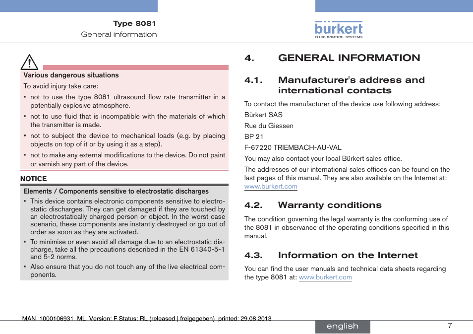 General information, Manufacturer's address and international contacts, Warranty conditions | Information on the internet | Burkert Type 8081 User Manual | Page 7 / 68