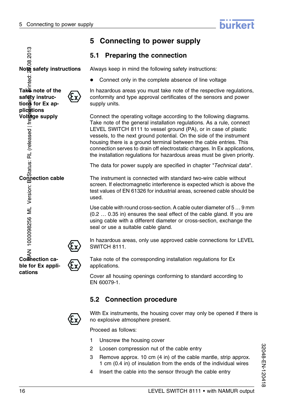 5 connecting to power supply, 1 preparing the connection, 2 connection procedure | 5connecting to power supply | Burkert Type 8111 User Manual | Page 16 / 112