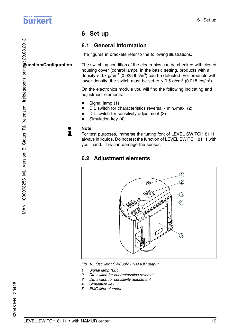 6 set up, 1 general information, 2 adjustment elements | 6set up | Burkert Type 8111 User Manual | Page 19 / 112