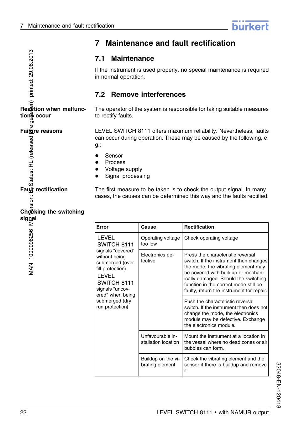 7 maintenance and fault rectification, 1 maintenance, 2 remove interferences | 7maintenance and fault rectiﬁcation | Burkert Type 8111 User Manual | Page 22 / 112