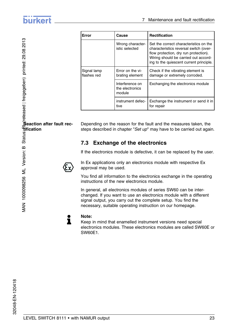 3 exchange of the electronics | Burkert Type 8111 User Manual | Page 23 / 112