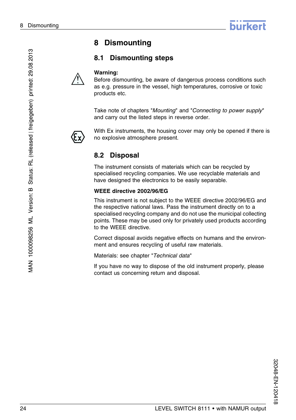 8 dismounting, 1 dismounting steps, 2 disposal | 8dismounting | Burkert Type 8111 User Manual | Page 24 / 112