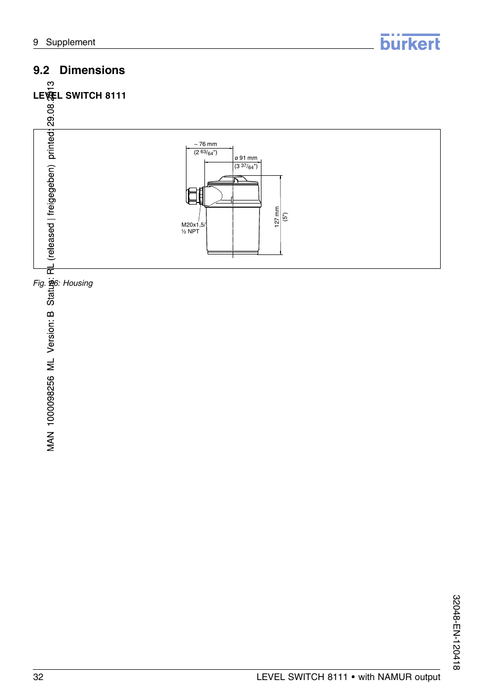 2 dimensions, Level switch 8111 | Burkert Type 8111 User Manual | Page 32 / 112