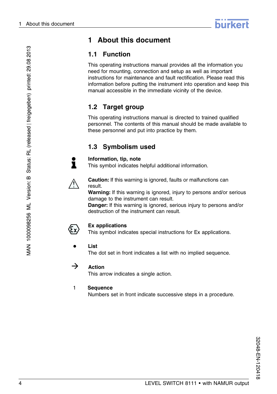 1 function, 2 target group, 3 symbolism used | 1about this document | Burkert Type 8111 User Manual | Page 4 / 112