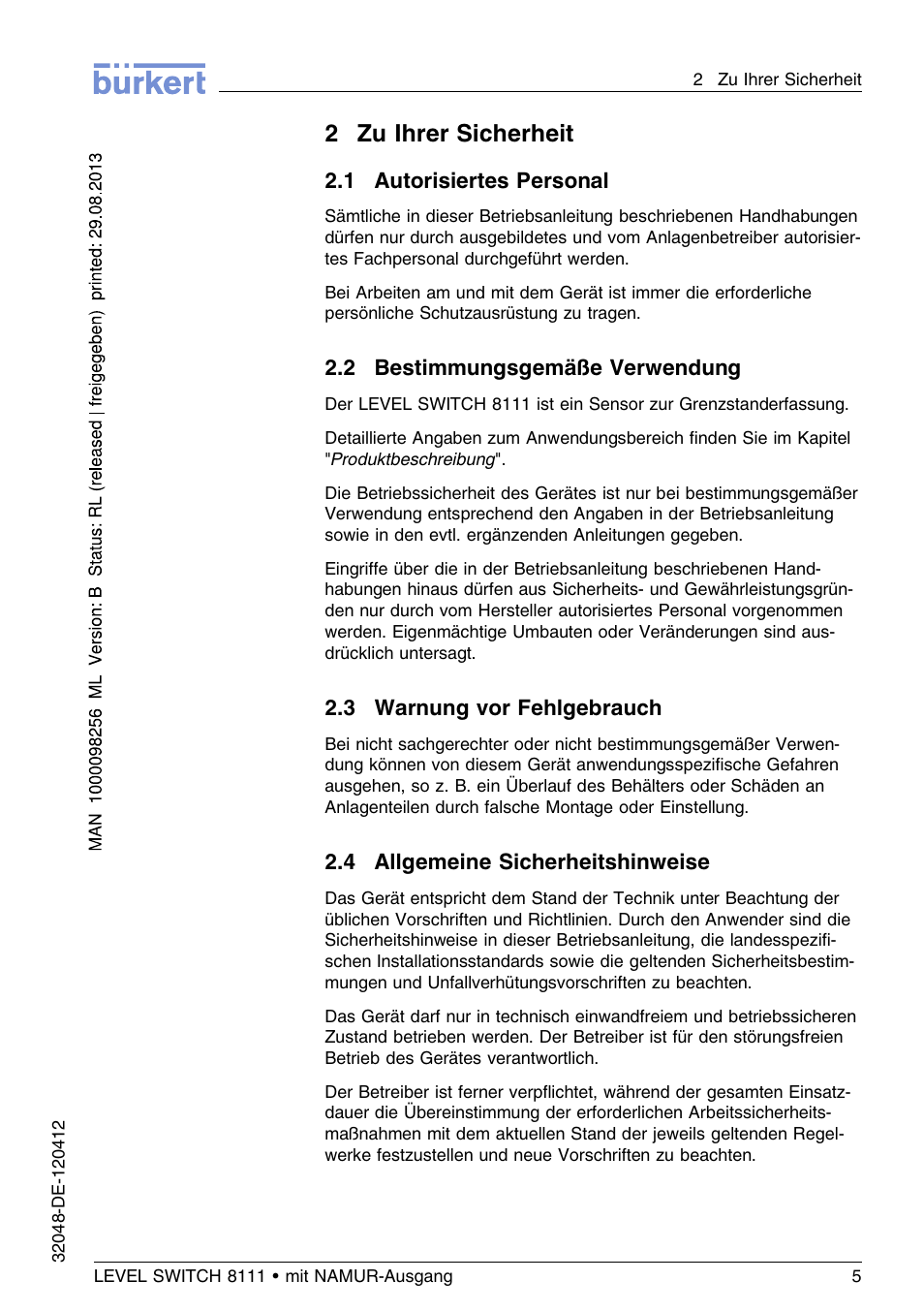 2 zu ihrer sicherheit, 1 autorisiertes personal, 2 bestimmungsgemäße verwendung | 3 warnung vor fehlgebrauch, 4 allgemeine sicherheitshinweise, 2zu ihrer sicherheit | Burkert Type 8111 User Manual | Page 41 / 112