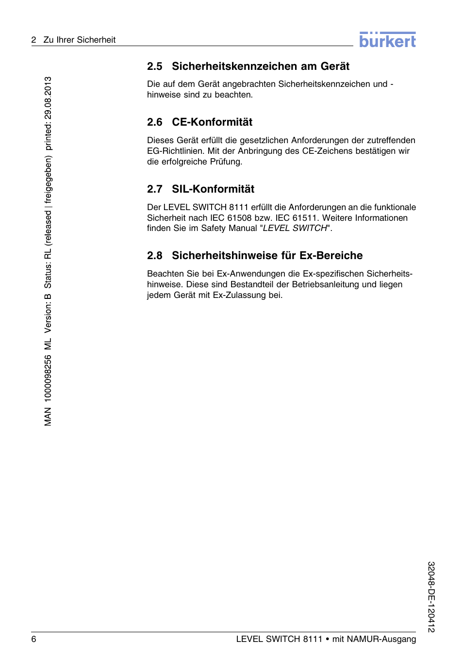 5 sicherheitskennzeichen am gerät, 6 ce–konformität, 7 sil–konformität | 8 sicherheitshinweise für ex–bereiche | Burkert Type 8111 User Manual | Page 42 / 112