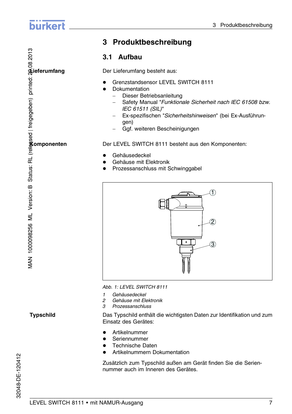 3 produktbeschreibung, 1 aufbau, 3produktbeschreibung | Burkert Type 8111 User Manual | Page 43 / 112