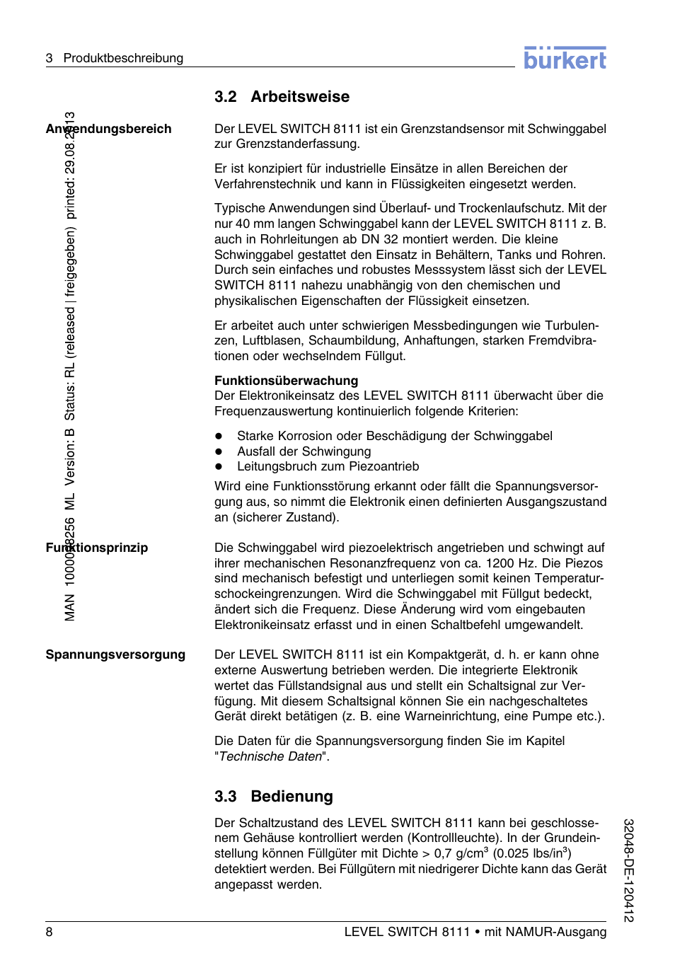 2 arbeitsweise, 3 bedienung | Burkert Type 8111 User Manual | Page 44 / 112