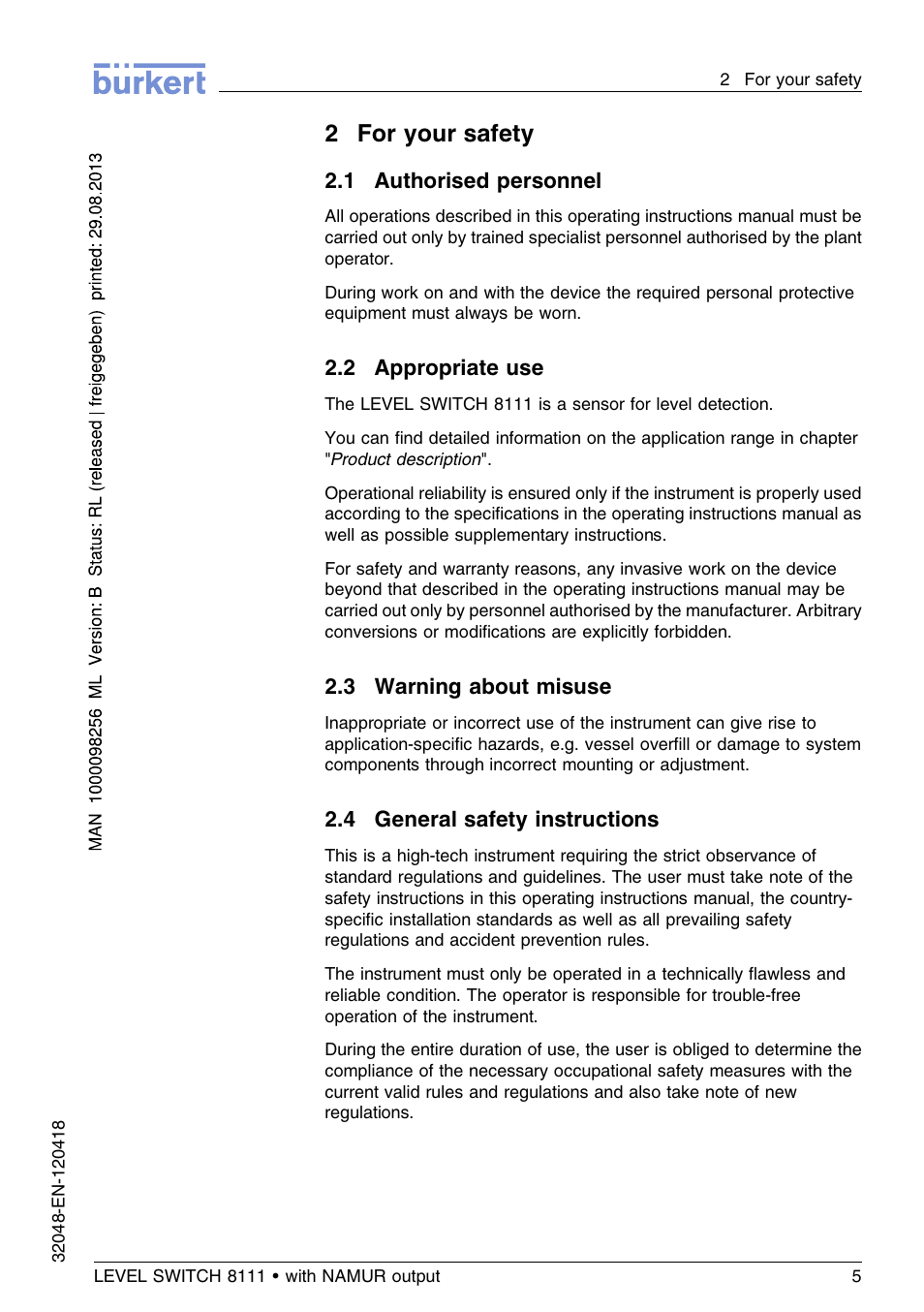 2 for your safety, 1 authorised personnel, 2 appropriate use | 3 warning about misuse, 4 general safety instructions, 2for your safety | Burkert Type 8111 User Manual | Page 5 / 112
