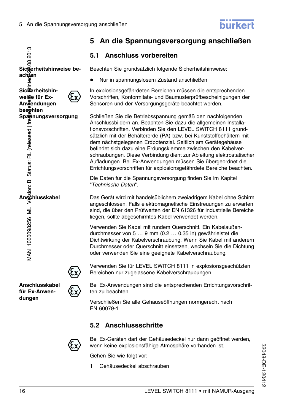 5 an die spannungsversorgung anschließen, 1 anschluss vorbereiten, 2 anschlussschritte | 5an die spannungsversorgung anschließen | Burkert Type 8111 User Manual | Page 52 / 112