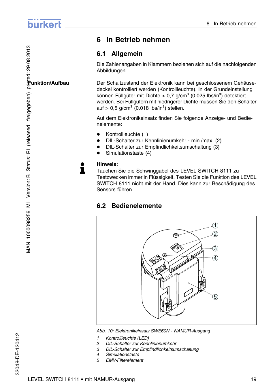 6 in betrieb nehmen, 1 allgemein, 2 bedienelemente | 6in betrieb nehmen | Burkert Type 8111 User Manual | Page 55 / 112