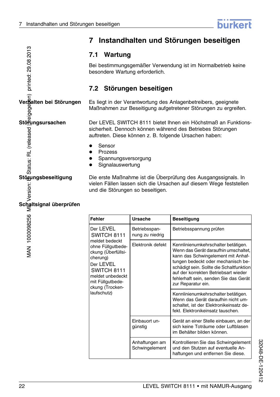 7 instandhalten und störungen beseitigen, 1 wartung, 2 störungen beseitigen | 7instandhalten und störungen beseitigen | Burkert Type 8111 User Manual | Page 58 / 112