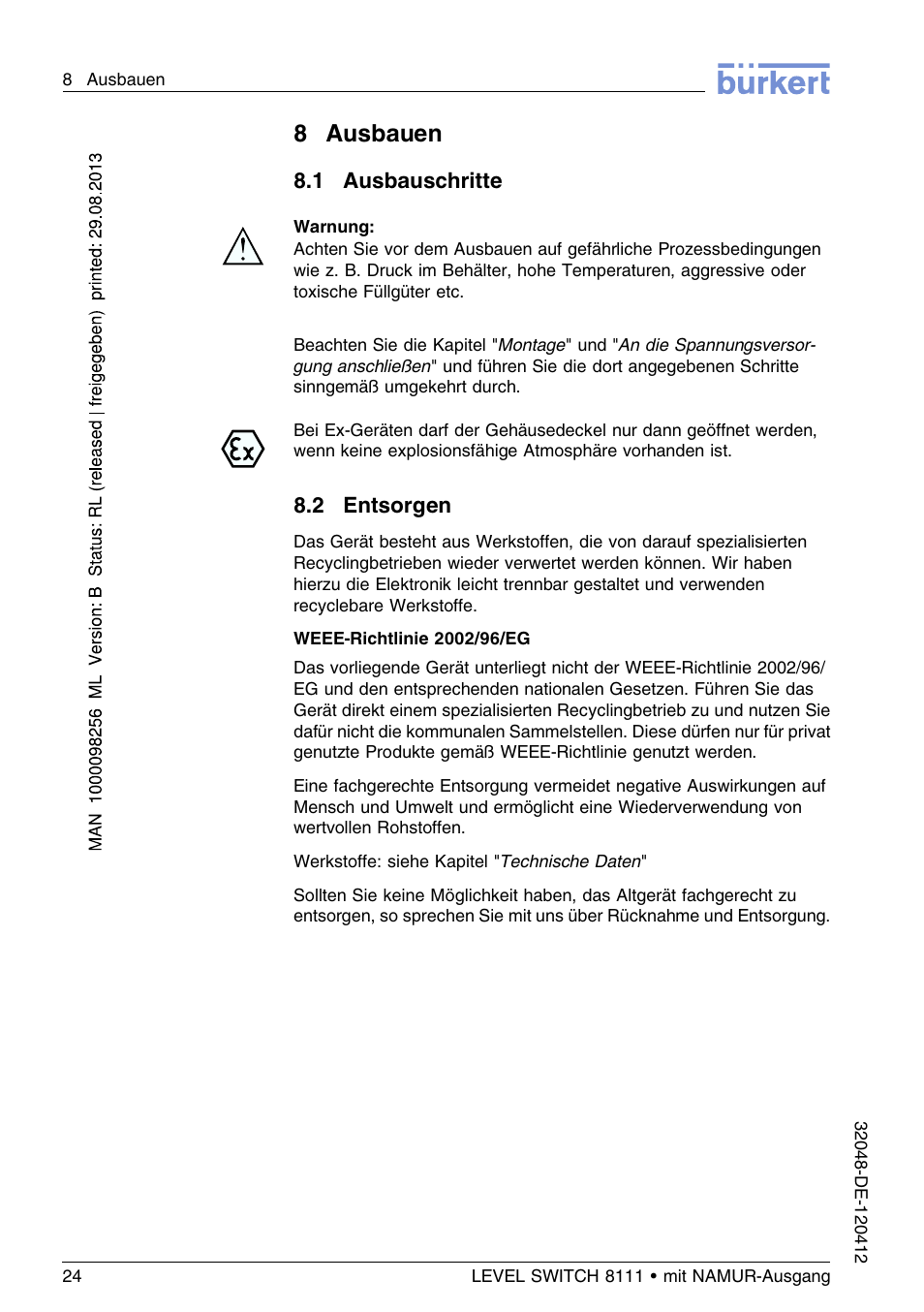 8 ausbauen, 1 ausbauschritte, 2 entsorgen | 8ausbauen | Burkert Type 8111 User Manual | Page 60 / 112