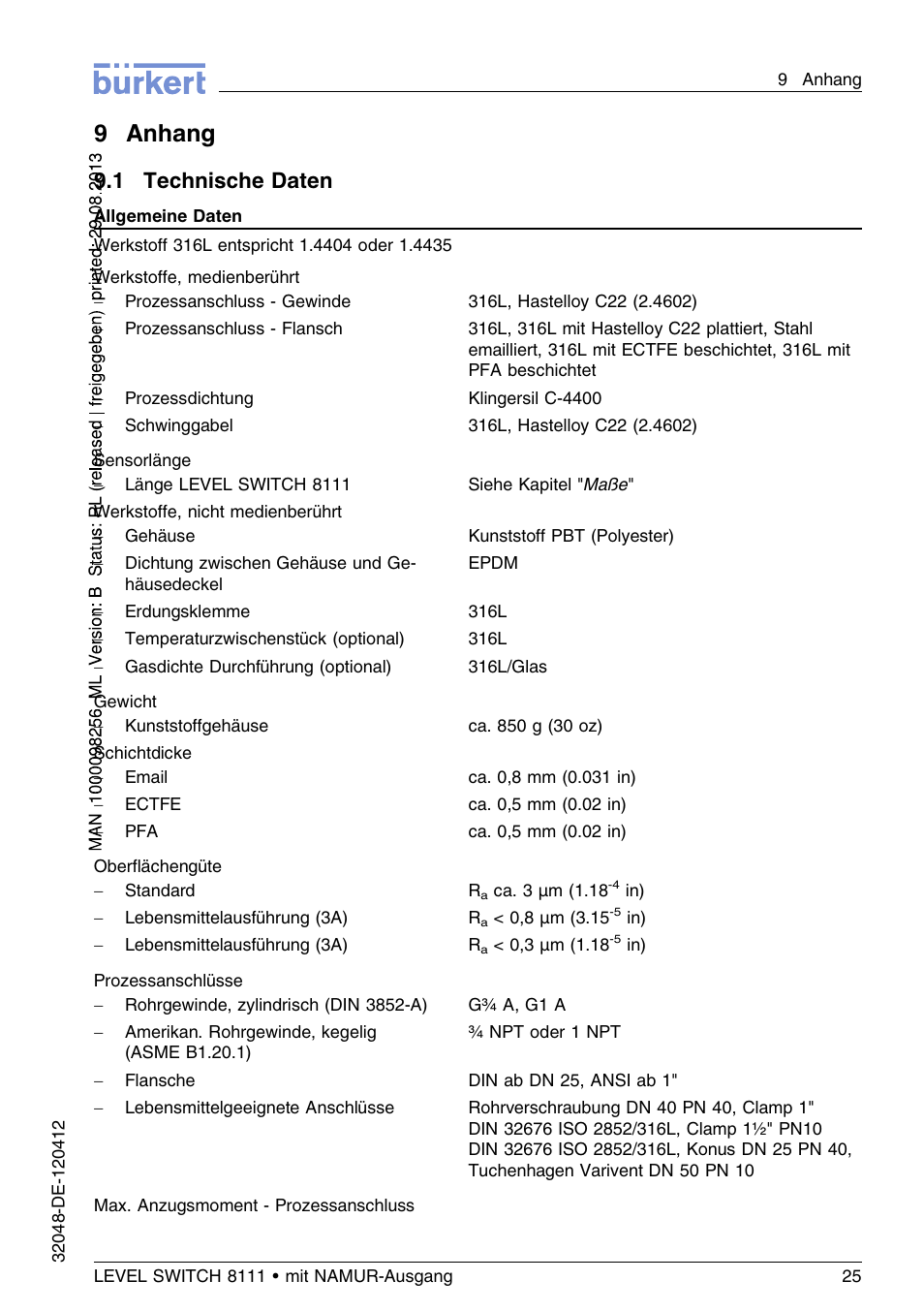9 anhang, 1 technische daten, 9anhang | Burkert Type 8111 User Manual | Page 61 / 112
