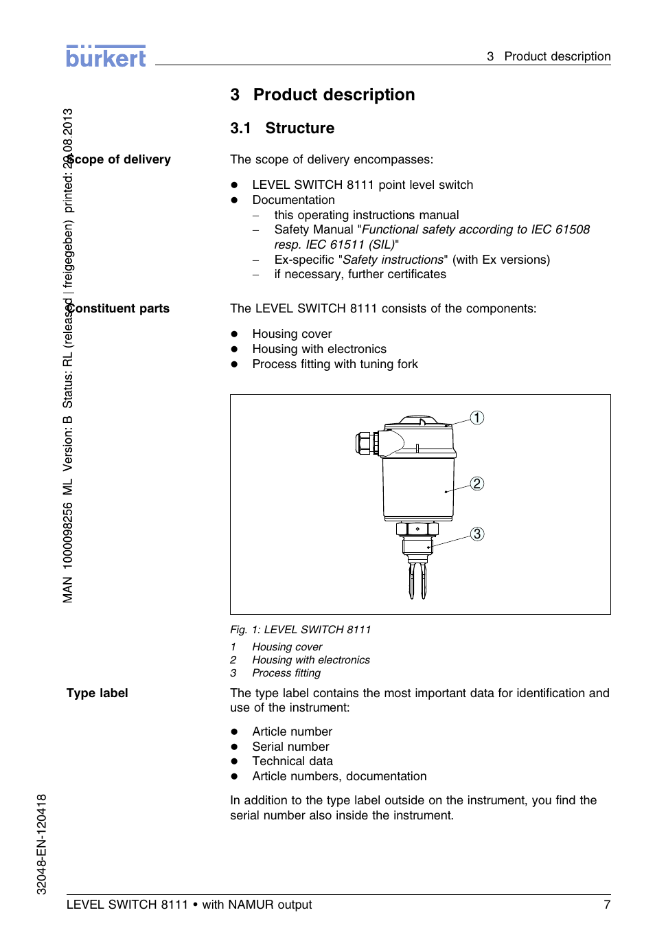 3 product description, 1 structure, 3product description | Burkert Type 8111 User Manual | Page 7 / 112