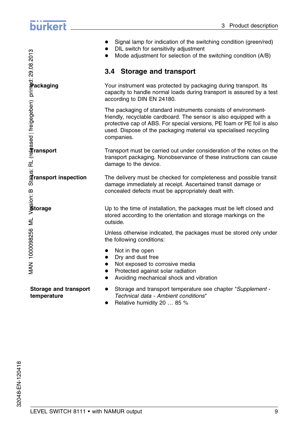 4 storage and transport | Burkert Type 8111 User Manual | Page 9 / 112
