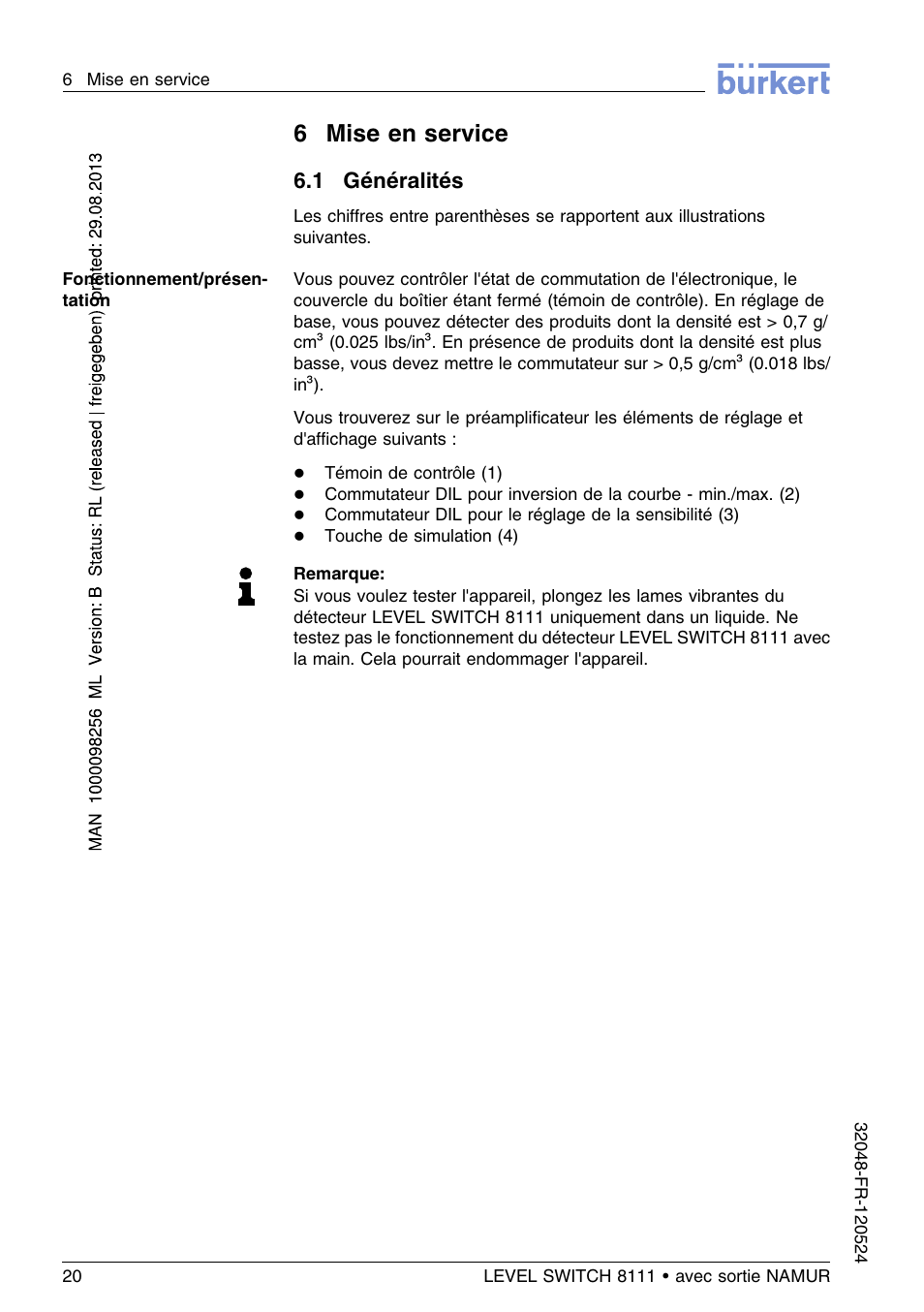 6 mise en service, 1 généralités, 6mise en service | Burkert Type 8111 User Manual | Page 92 / 112