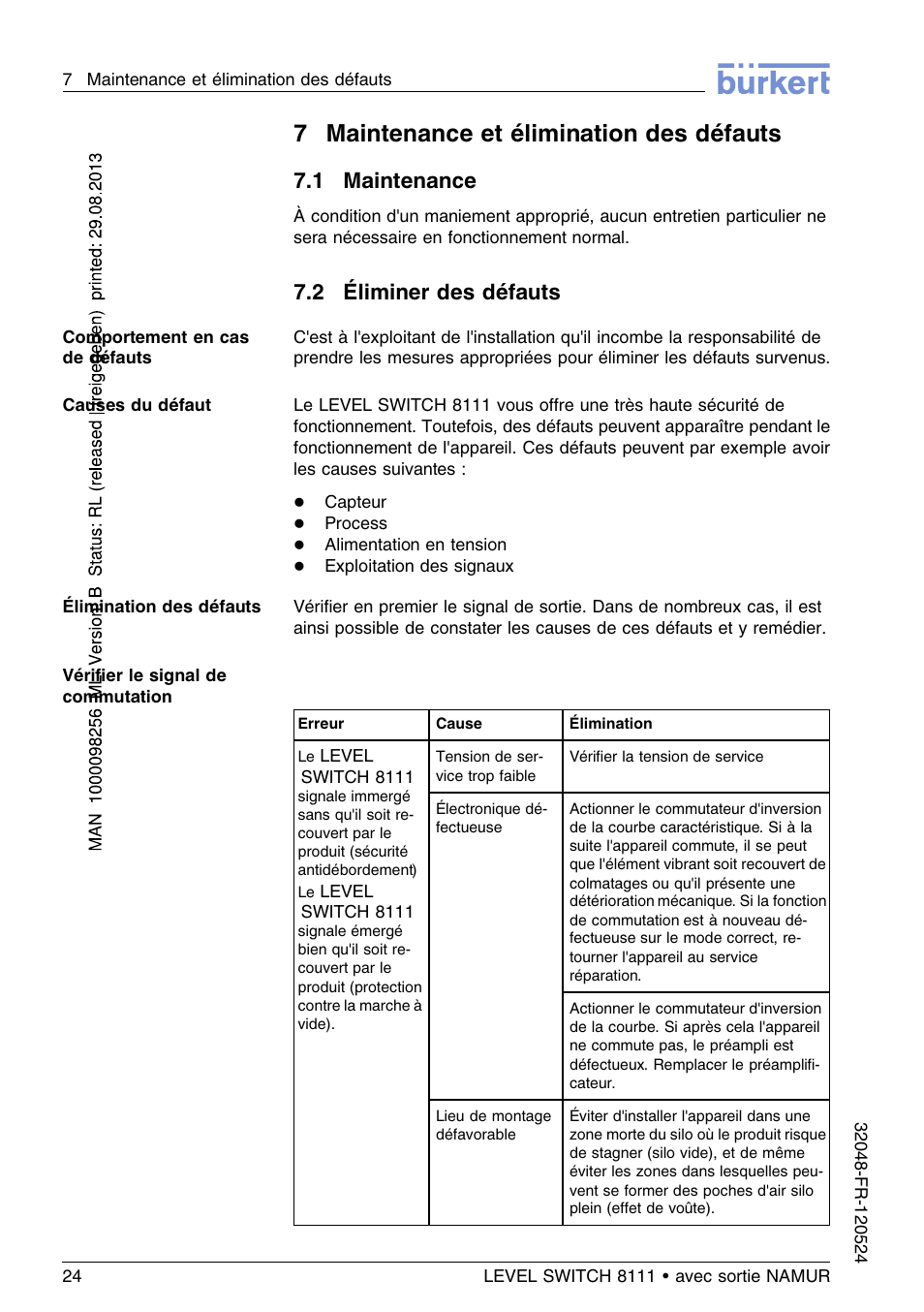 7 maintenance et élimination des défauts, 1 maintenance, 2 éliminer des défauts | 7maintenance et élimination des défauts | Burkert Type 8111 User Manual | Page 96 / 112