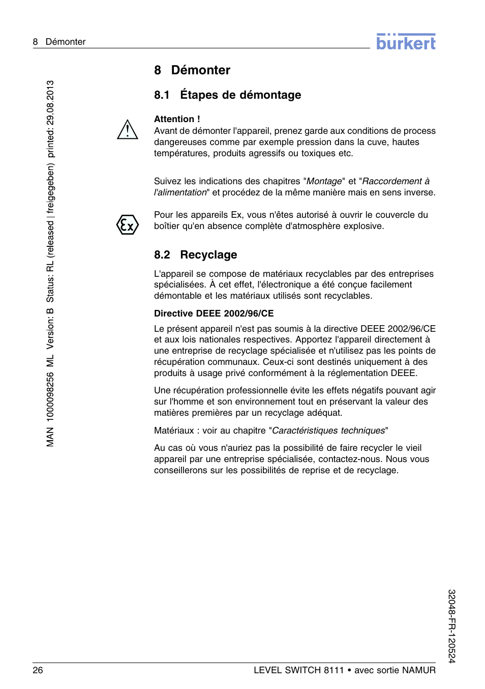 8 démonter, 1 étapes de démontage, 2 recyclage | 8démonter | Burkert Type 8111 User Manual | Page 98 / 112