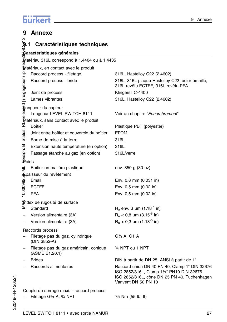 9 annexe, 1 caractéristiques techniques, 9annexe | Burkert Type 8111 User Manual | Page 99 / 112
