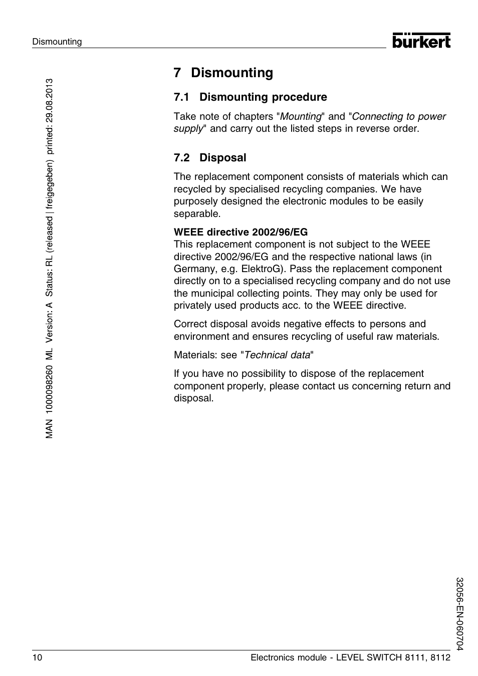7 dismounting, 1 dismounting procedure, 2 disposal | Burkert Type 8112 User Manual | Page 10 / 36