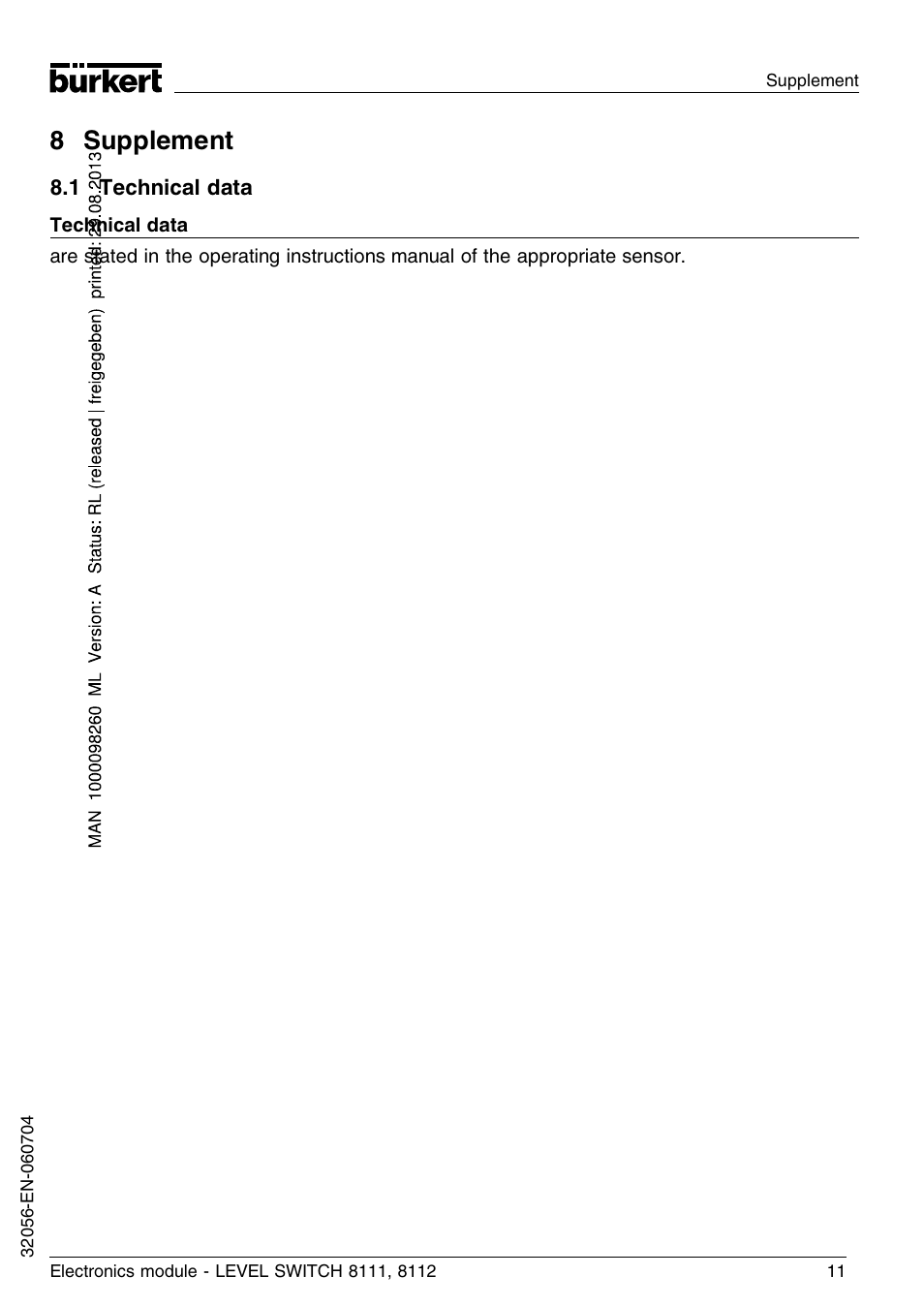 8 supplement, 1 technical data | Burkert Type 8112 User Manual | Page 11 / 36