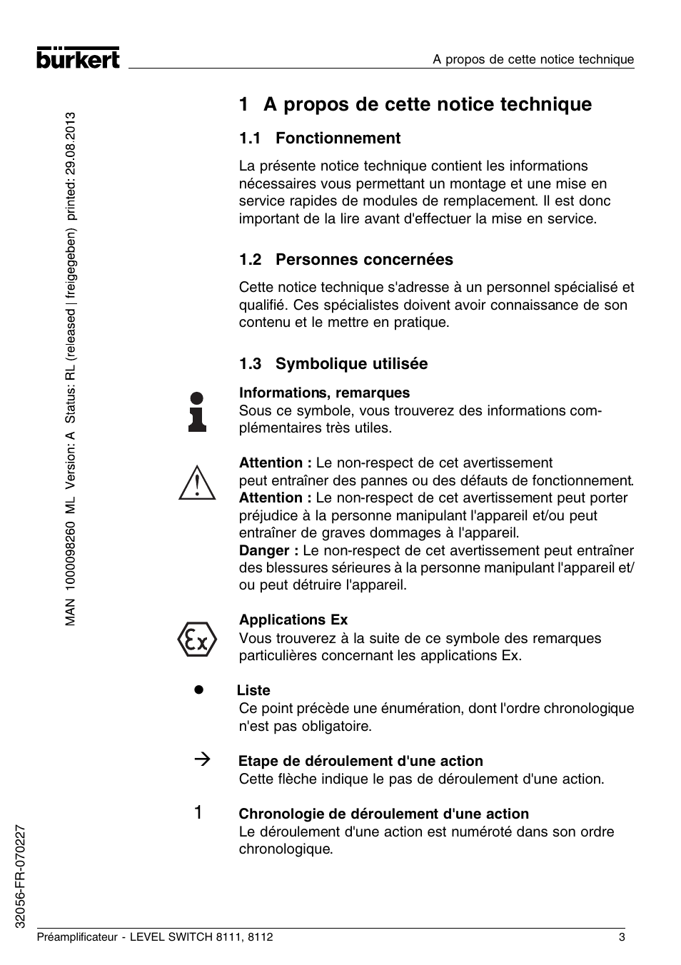 1 a propos de cette notice technique, 1 fonctionnement, 2 personnes concernées | 3 symbolique utilisée | Burkert Type 8112 User Manual | Page 15 / 36