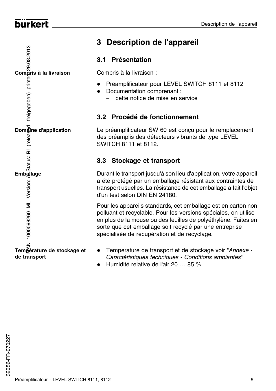 3 description de l'appareil, 1 présentation, 2 procédé de fonctionnement | 3 stockage et transport | Burkert Type 8112 User Manual | Page 17 / 36