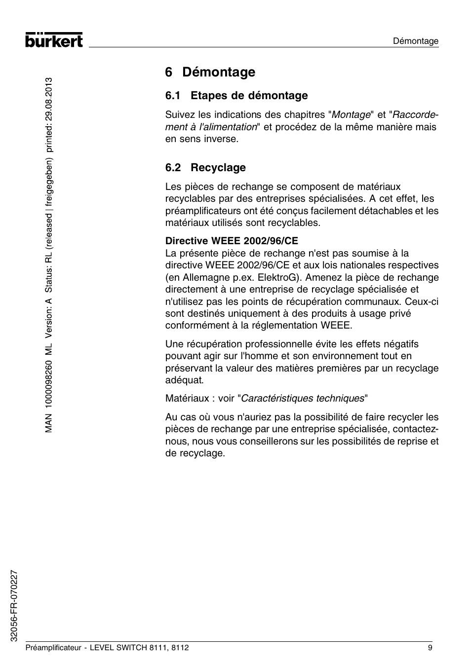 6 démontage, 1 etapes de démontage, 2 recyclage | Burkert Type 8112 User Manual | Page 21 / 36