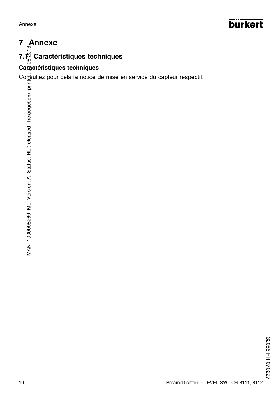 7 annexe, 1 caractéristiques techniques | Burkert Type 8112 User Manual | Page 22 / 36