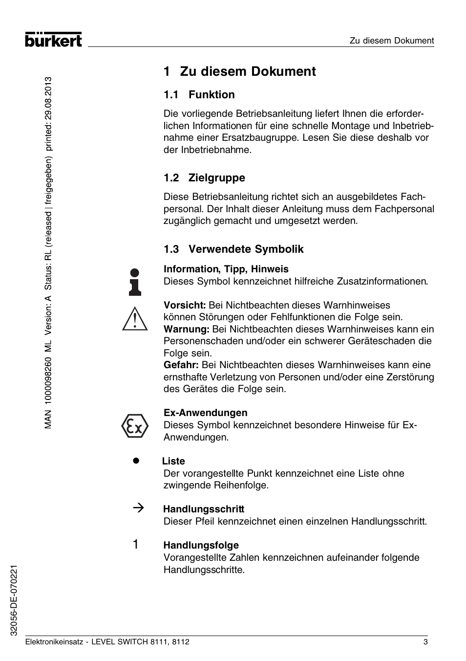 1 zu diesem dokument, 1 funktion, 2 zielgruppe | 3 verwendete symbolik | Burkert Type 8112 User Manual | Page 27 / 36