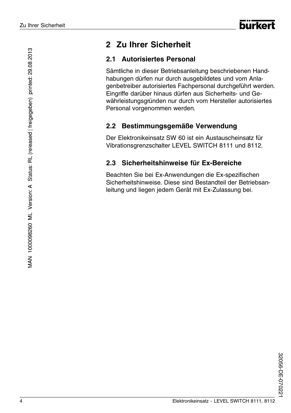 2 zu ihrer sicherheit, 1 autorisiertes personal, 2 bestimmungsgemäße verwendung | 3 sicherheitshinweise für ex–bereiche | Burkert Type 8112 User Manual | Page 28 / 36