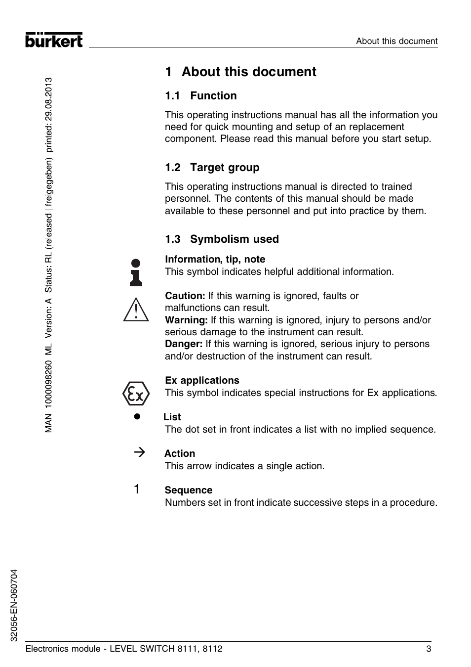 1 about this document, 1 function, 2 target group | 3 symbolism used | Burkert Type 8112 User Manual | Page 3 / 36