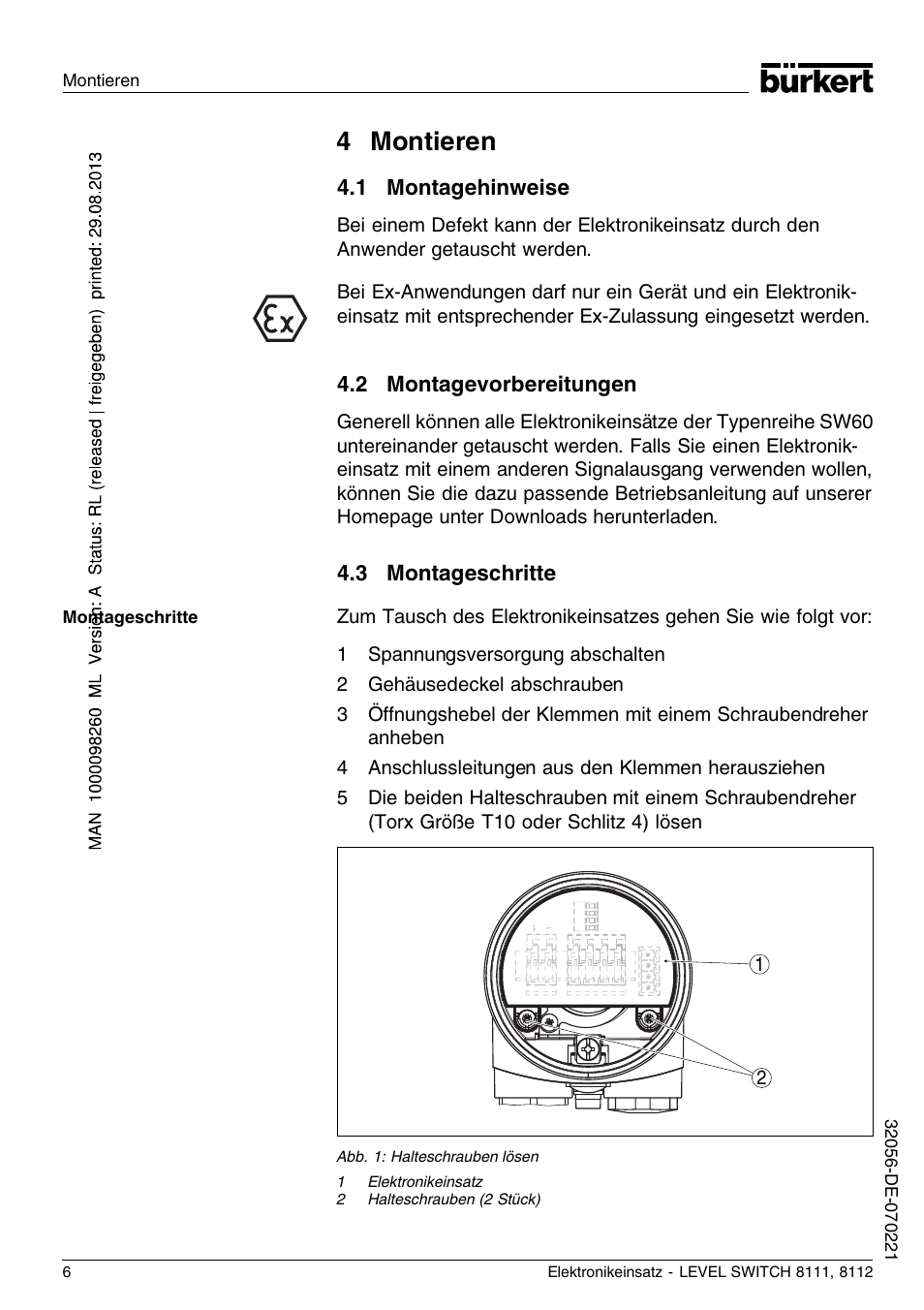 4 montieren, 1 montagehinweise, 2 montagevorbereitungen | 3 montageschritte | Burkert Type 8112 User Manual | Page 30 / 36