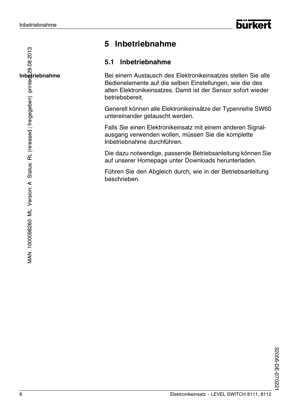 5 inbetriebnahme, 1 inbetriebnahme | Burkert Type 8112 User Manual | Page 32 / 36