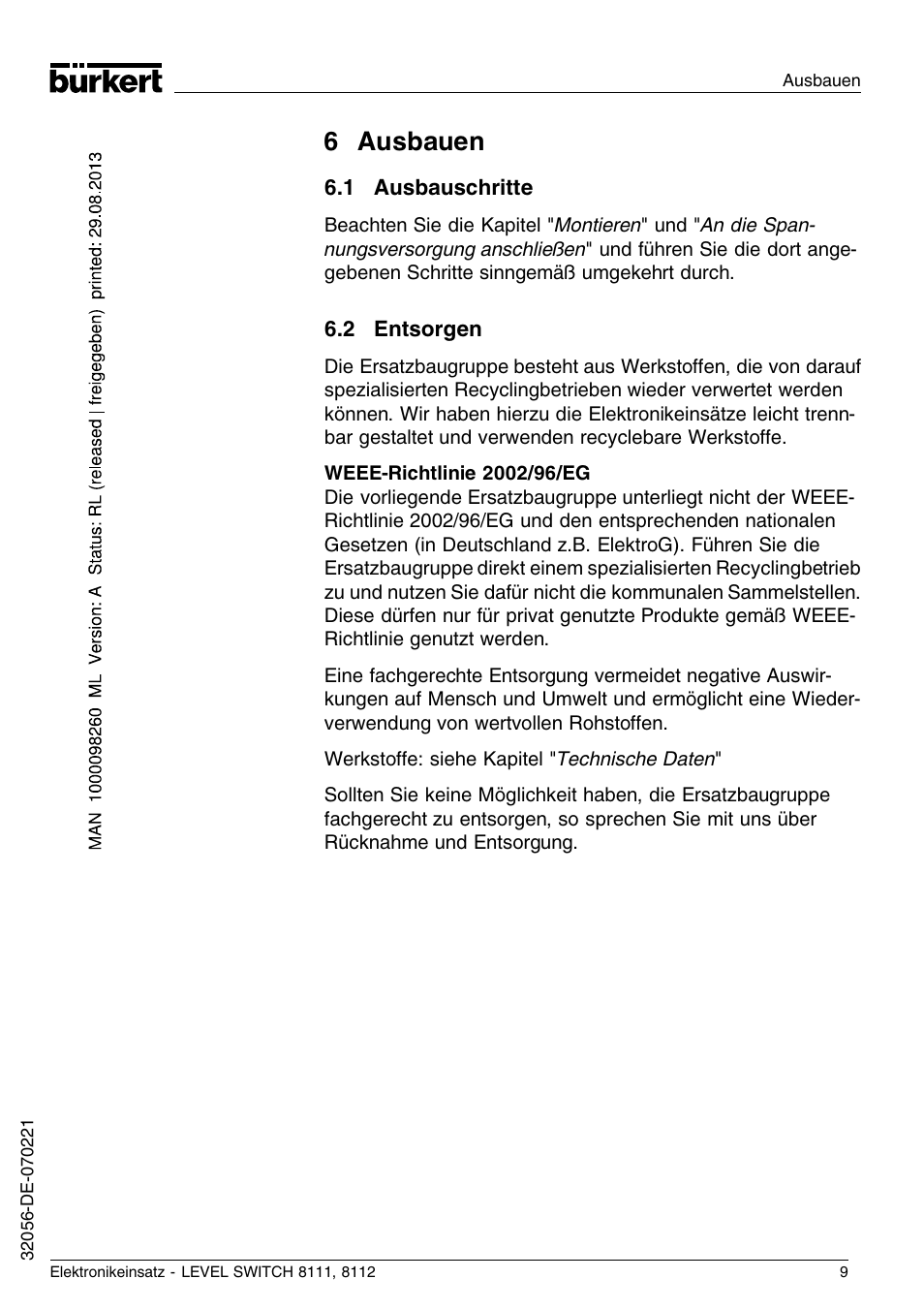 6 ausbauen, 1 ausbauschritte, 2 entsorgen | Burkert Type 8112 User Manual | Page 33 / 36