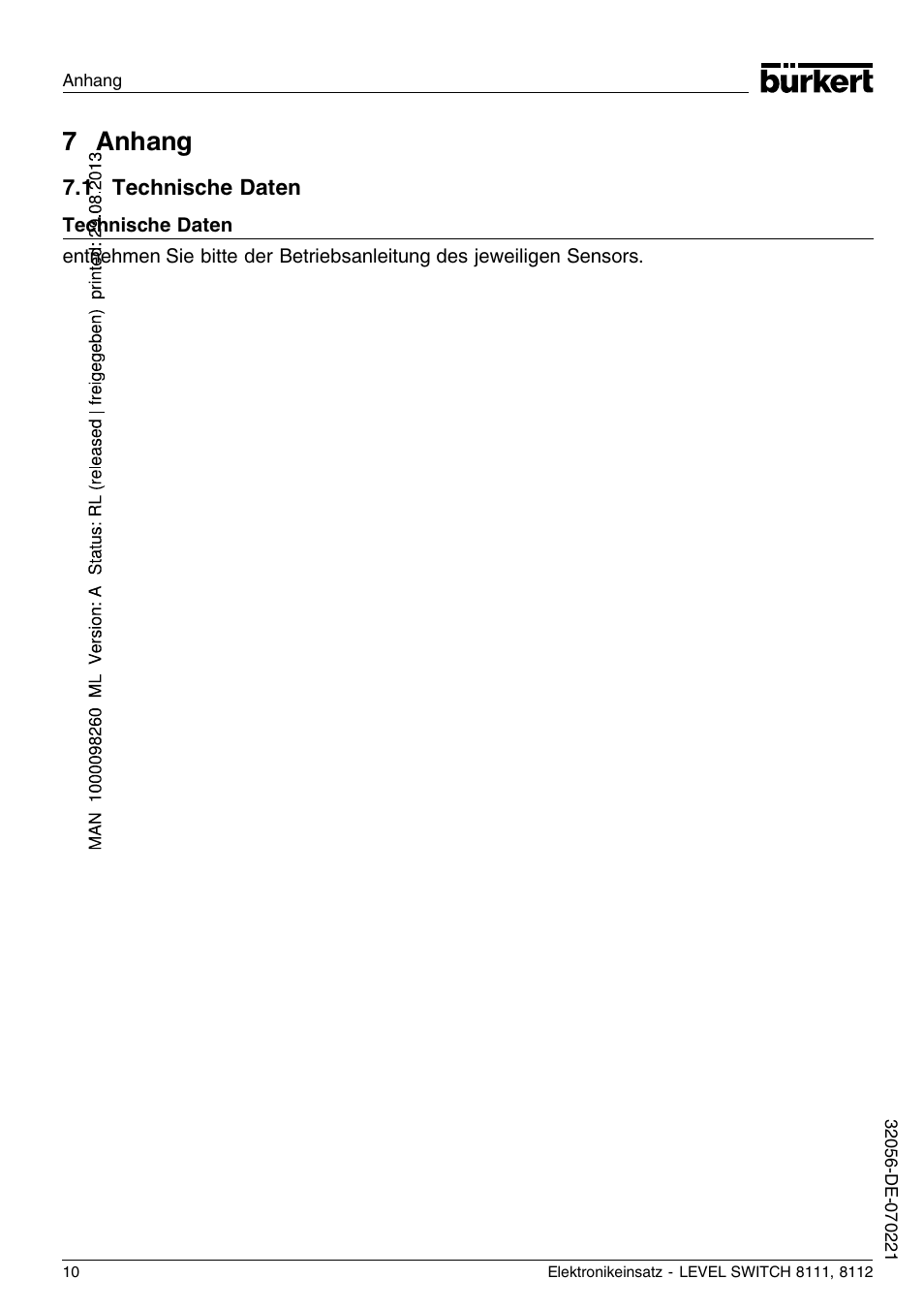 7 anhang, 1 technische daten | Burkert Type 8112 User Manual | Page 34 / 36