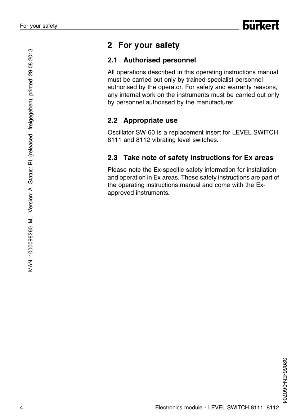 2 for your safety, 1 authorised personnel, 2 appropriate use | 3 take note of safety instructions for ex areas | Burkert Type 8112 User Manual | Page 4 / 36