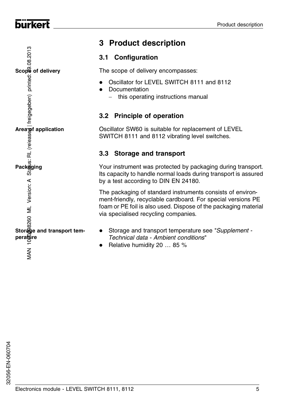 3 product description, 1 configuration, 2 principle of operation | 3 storage and transport | Burkert Type 8112 User Manual | Page 5 / 36