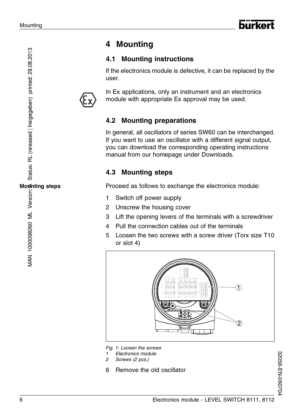 4 mounting, 1 mounting instructions, 2 mounting preparations | 3 mounting steps | Burkert Type 8112 User Manual | Page 6 / 36