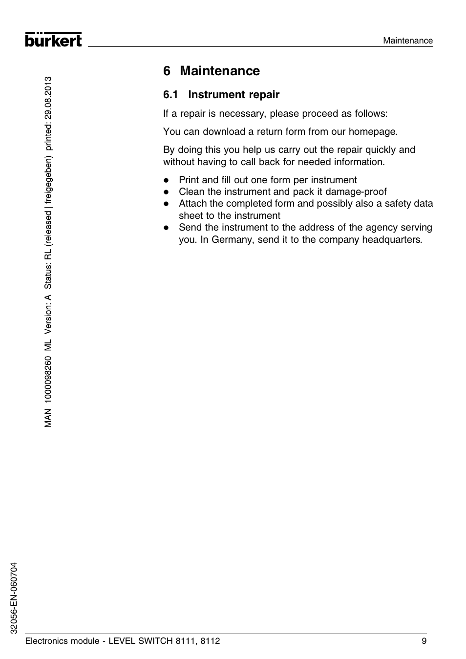 6 maintenance, 1 instrument repair | Burkert Type 8112 User Manual | Page 9 / 36